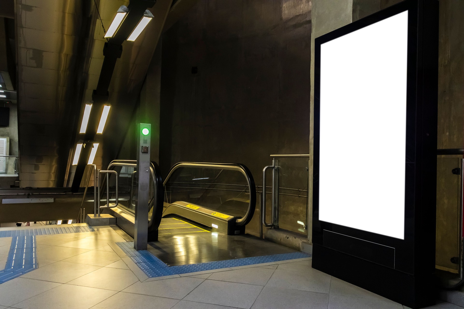 blank showcase billboard  in front of escalator